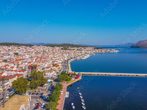 Aerial view of  the city of Argostoli in Kefalonia greek island with a part of de Bosset old bridge