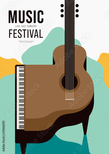 Music poster design template background decorative with piano and guitar