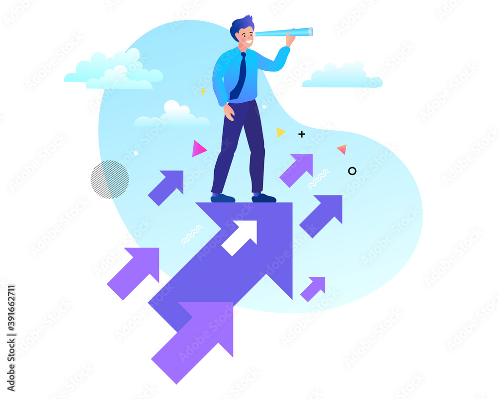 A businessman standing on an arrow with a camera looking at the target Success, success, business vision, career goals. Flat vector illustration
