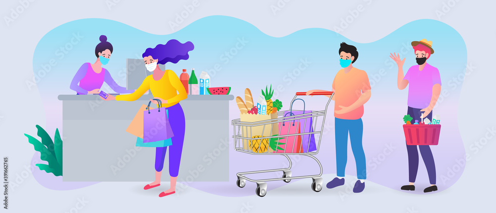 Supermarket store counter cashier and buyers in medical masks, with cart of food. coronavirus pandemic concept. Social distancing.