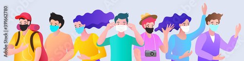 Group of diverse young tourists or students traveling together safely with face masks. A vector concept for safe travel, health tourism, or protection from air pollution during a journey.
