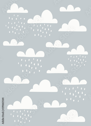 Scandinavian Style Kids Room Decoration. Cute Hand Drawn Rainclouds Nursery Wall Art for Baby Boy And Baby Girl. Vector Illustration Ideal for Cards, Invitations, Posters, Textile. 