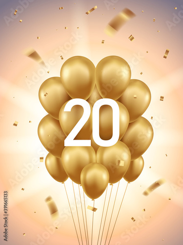 20th Year anniversary celebration background. Golden balloons and confetti with sunbeams in background.