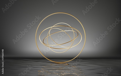 3d render, abstract golden rings levitate, isolated on black background with reflection in the water on the wet floor. Modern minimal geometric shapes