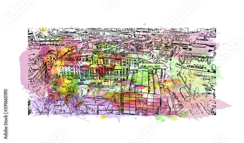 Building view with landmark of Chorzow is a city in Silesia in southern Poland, near Katowice. Watercolor splash with hand drawn sketch illustration in vector.