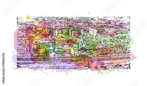 Building view with landmark of Chorzow is a city in Silesia in southern Poland, near Katowice. Watercolor splash with hand drawn sketch illustration in vector.