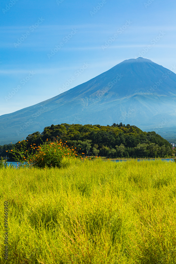 日本　山梨県、大石公園からの河口湖と富士山
