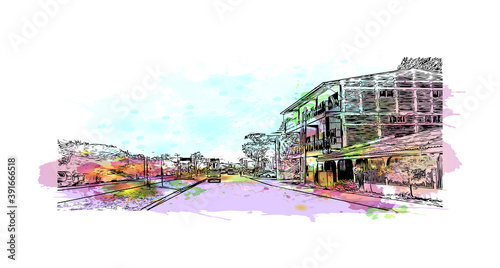 Building view with landmark of Choluteca is capital city of the Honduran department of the same name. Watercolor splash with hand drawn sketch illustration in vector.