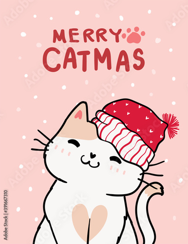 Christmas Cat, Merry catmas, Christmas greeting card, Cute smile cat with santa red hat, snowfalling in pink background, outline doodle hand draw flat vector.