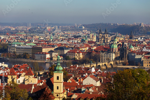 Autumn Prague City with colorful Trees from the Hill Petrin, Czech Republic