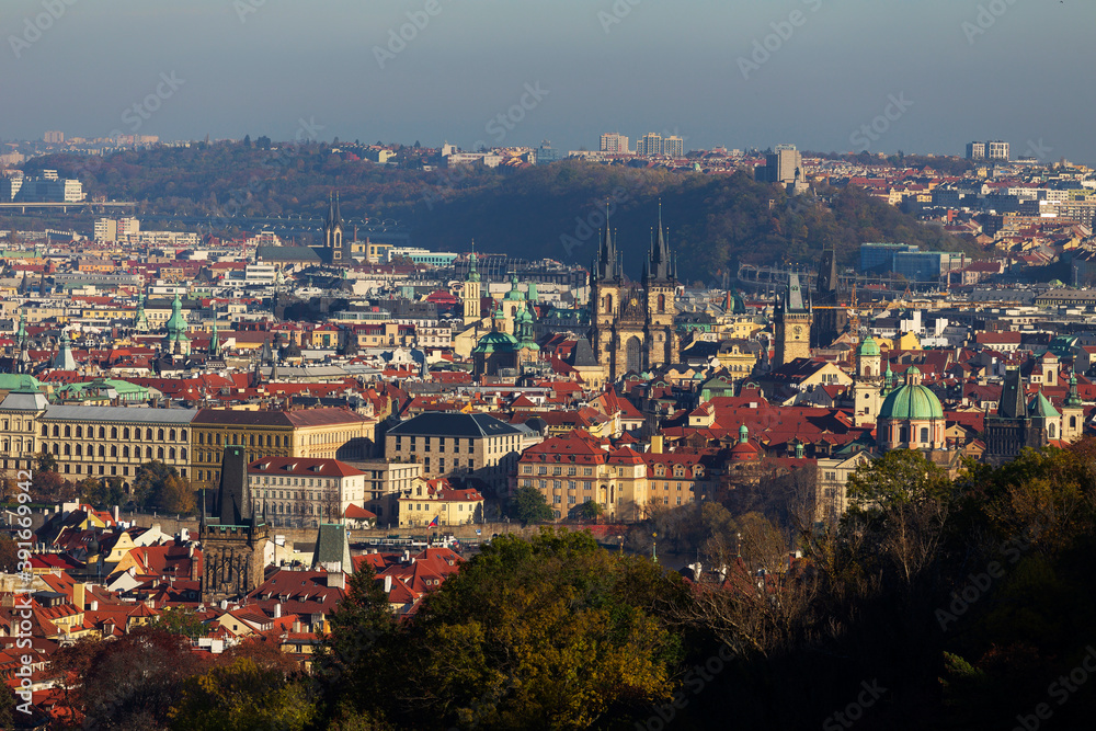 Autumn Prague City with colorful Trees from the Hill Petrin, Czech Republic