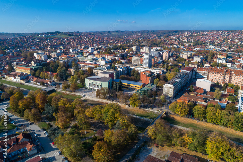 Valjevo - panorama of city in Serbia. Aerial drone view