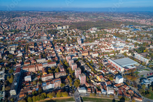 Valjevo - panorama of city center in Serbia. Aerial drone view
