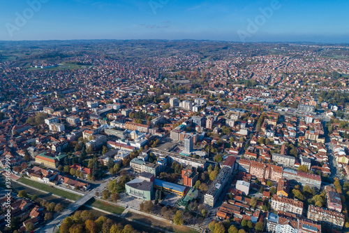 Panorama of city of Valjevo, Serbia. Aerial drone view