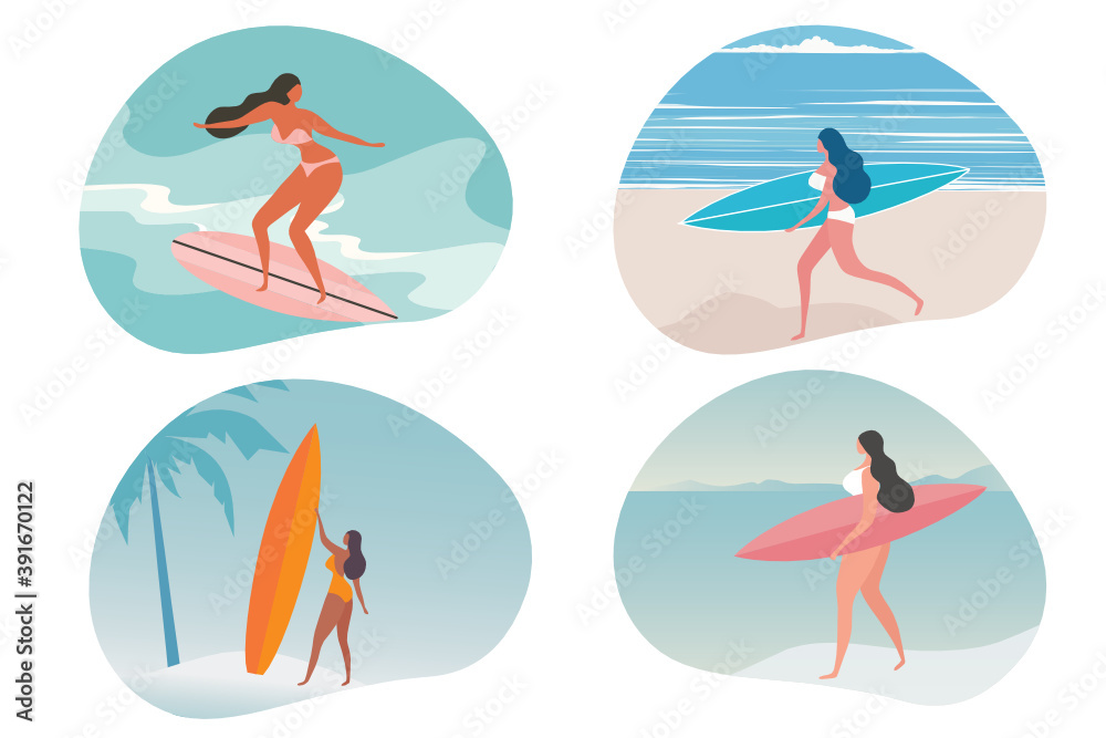 Set of surfing women design for summer holidays concept background