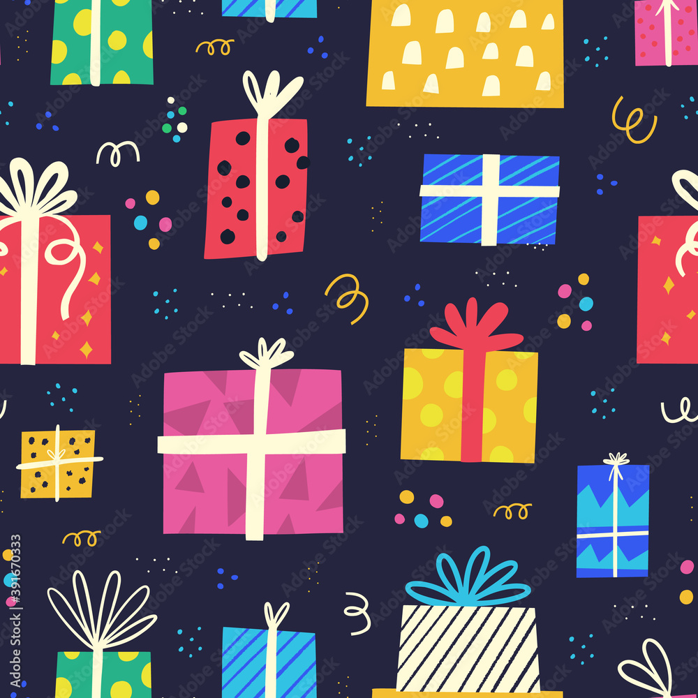 Gift boxes doodles flat vector seamless pattern