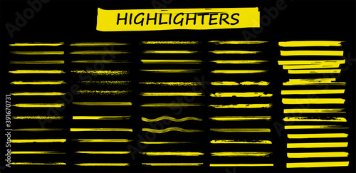 Detailed Highlighters. Paintbrush lines. Marker color stroke. Yellow watercolor lines hand drawn and traced. Brushstroke highlight set. Brush pen hand drawn underline. Marker lines. Vector collection