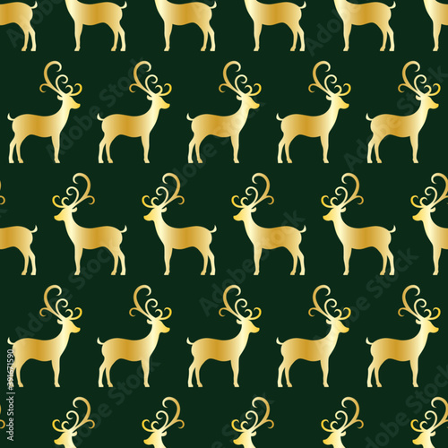 Fototapeta Naklejka Na Ścianę i Meble -  Deer seamless pattern, golden silhouettes on green background, vector illustration.