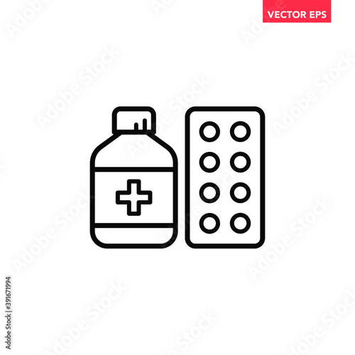 Black medicine pack line icon, simple health equipment flat design vector pictogram, infographic vector for app logo web website button banner ui ux interface elements isolated on white background
