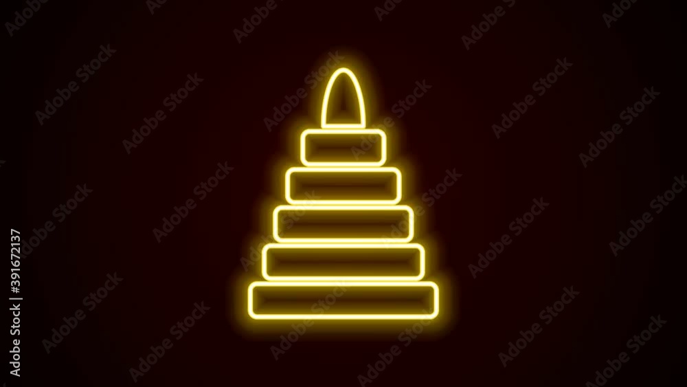 Glowing neon line Pyramid toy icon isolated on black background. 4K Video motion graphic animation Glowing neon line Pyramid toy icon isolated on black background. 4K Video motion graphic animation