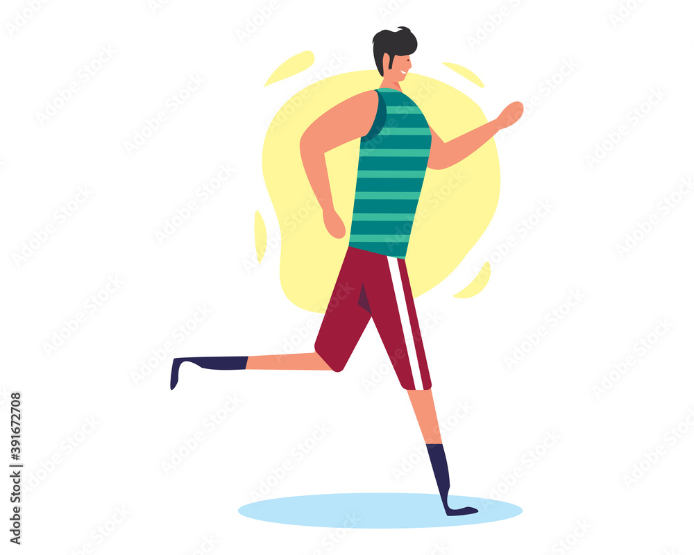Obraz premium disabled man athlete running using prosthetic leg vector illustration in flat style