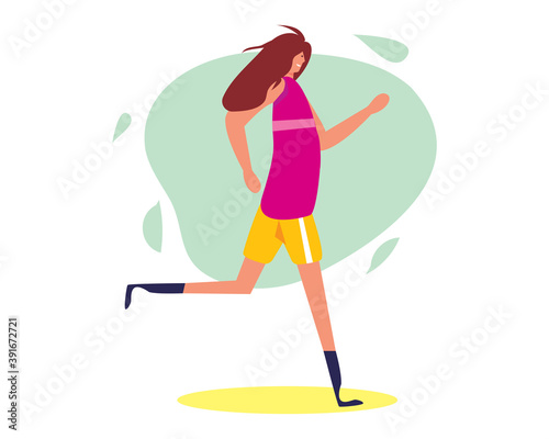 disabled woman athlete running using prosthetic leg vector illustration in flat style