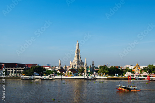 Wat Arun Temple and Chao Phraya river with sky in Bangkok, Thailand