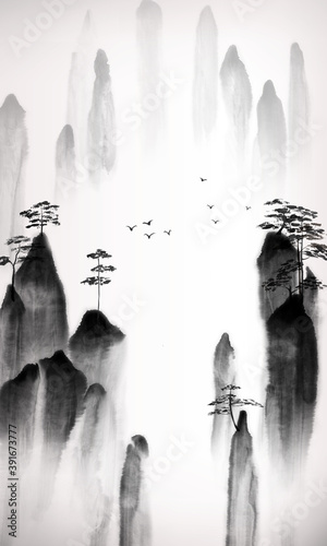 Fototapeta Naklejka Na Ścianę i Meble -  Chinese traditional landscape painting of mountain and trees 