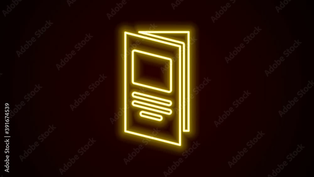 Glowing neon line Brochure template layout icon isolated on black background. Corporate business annual report, catalog, magazine, flyer mockup. 4K Video motion graphic animation Glowing neon line Brochure template layout icon isolated on black background. Corporate business annual report, catalog, magazine, flyer mockup. 4K Video motion graphic animation