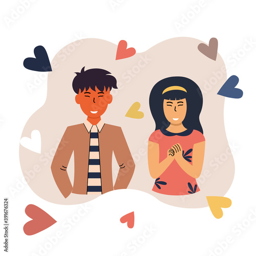Concept first love or flirty on white background with mini heart. Vector illustration in flat cartoon design. Design for webpage, poster, postcard. Romantic, love story, relationship. Valentine day. 