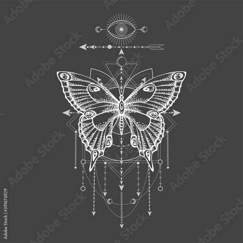 Vector illustration with hand drawn butterfly and Sacred geometric symbol on black background. Abstract mystic sign. White linear shape. For you design, tattoo or magic craft.