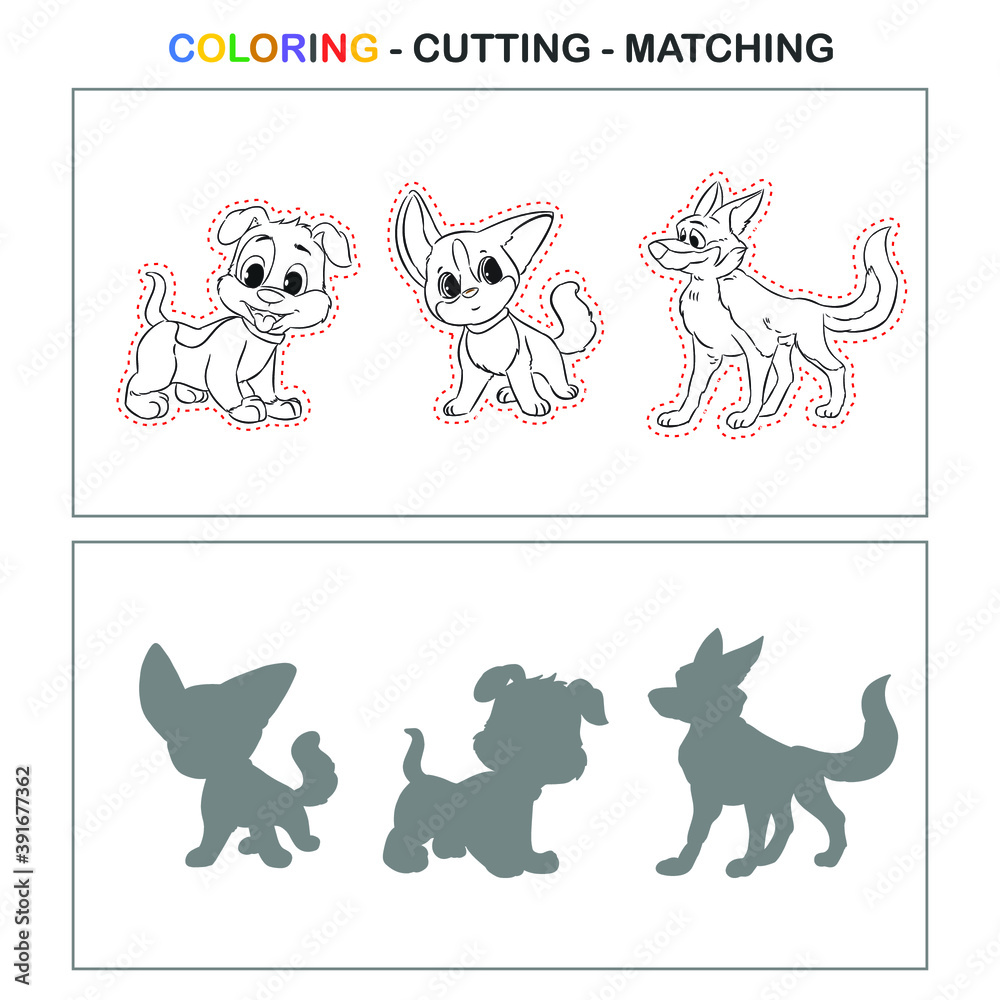 coloring cutting matching work sheet dog education vector 2