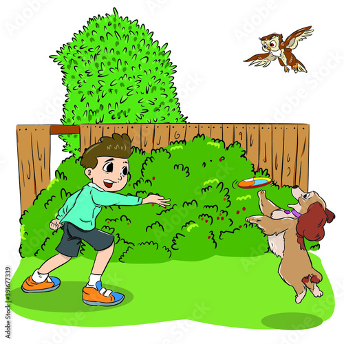 boy play with dog in green garden hand draw vector.