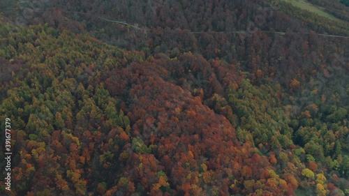 Stunning serene drone footage of Japanese mountains with breathtaking autumn colours, aerial view photo