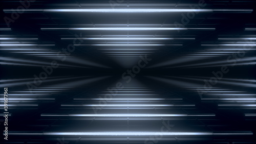 Fototapeta Naklejka Na Ścianę i Meble -  Abstract blue white futuristic background. Space from glowing neon light tubes of astera on a black background. Abstract technology. Horizontal view. Led lamp. Technology, vj concept. 3d rendering