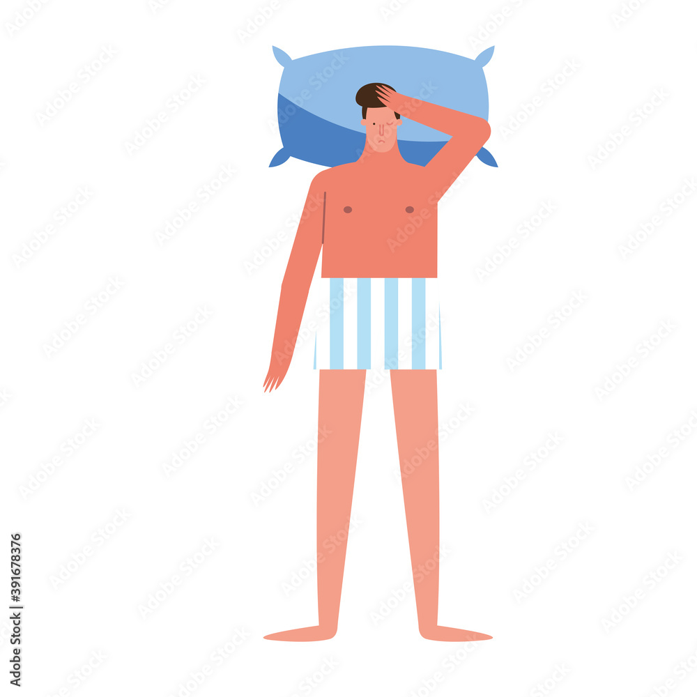 young man with imnsomia in pillow character young man with imnsomia in pillow character