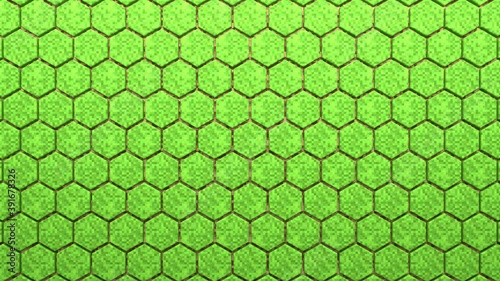 3D Abstract Hexagons. Video game geometric mosaic waves pattern. Construction of hills landscape using brown and green grass blocks