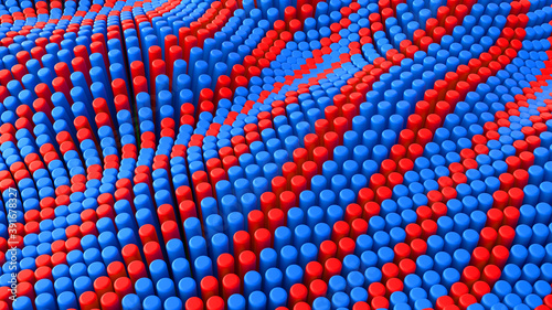 Abstract blue red lines background with cylinders. Ceramic round tiles. Geometry pattern. Random cells. Polygonal glossy surface. Futuristic abstraction. 3d rendering illustration