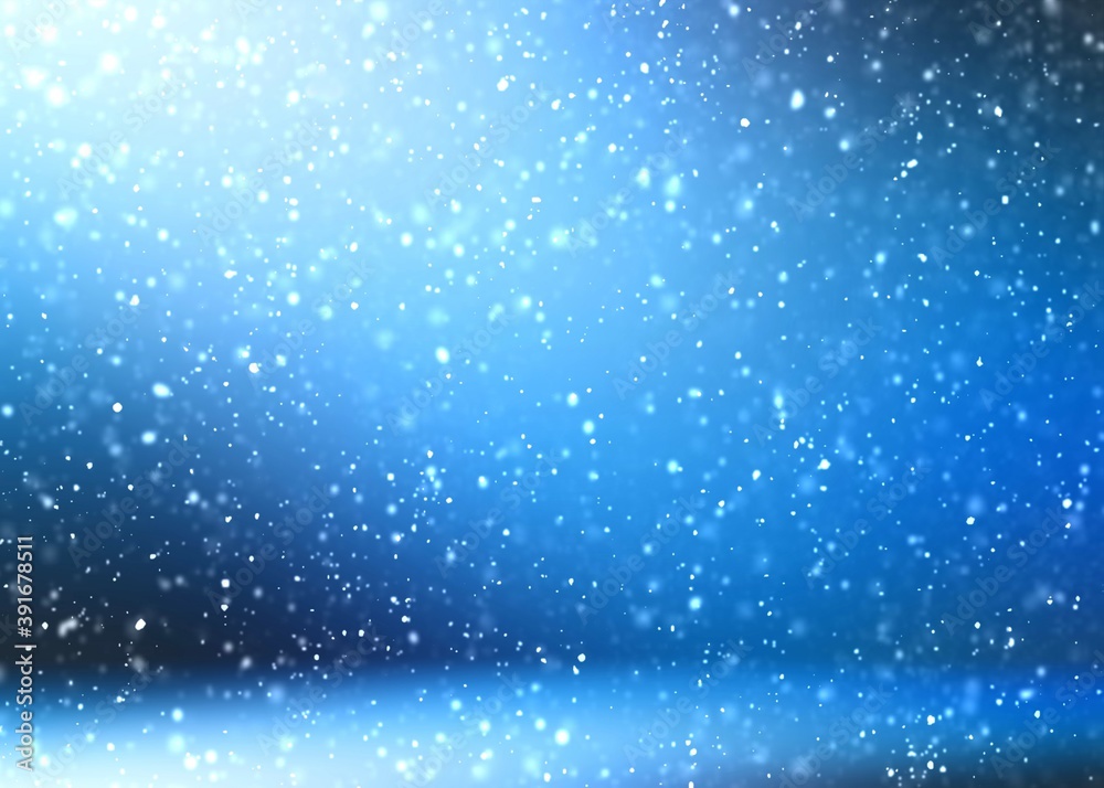 Snow falling in room 3d background. Winter decoration indoor. Abstract illustration.