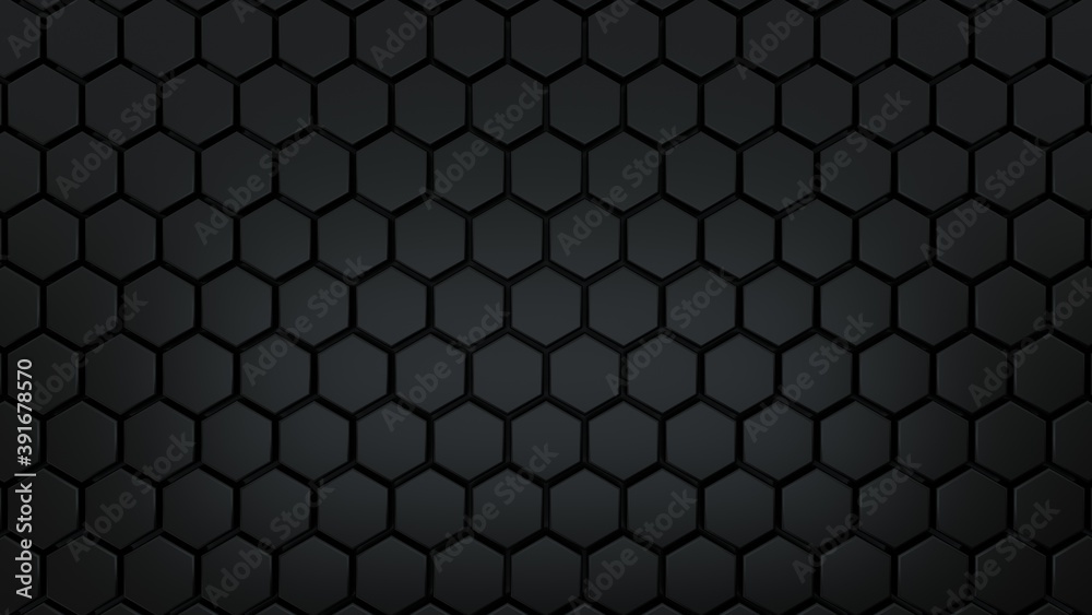 Abstract hexagonal background. A large number of black hexagons. 3d wall texture, hexagonal blocks clusters. Cellular panel. 3d rendering geometric polygons Abstract hexagonal background. A large number of black hexagons. 3d wall texture, hexagonal blocks clusters. Cellular panel. 3d rendering geometric polygons