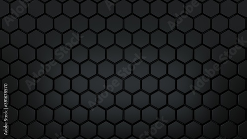 Abstract hexagonal background. A large number of black hexagons. 3d wall texture, hexagonal blocks clusters. Cellular panel. 3d rendering geometric polygons © MIKHAIL