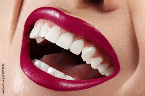 Dental Beauty. Beautiful Macro with perfect White Teeth. Fashion Lips Red Make-up. Whitening Tooth  Wellness Treatment