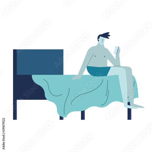 young man using smartphone with imnsomia in bed character