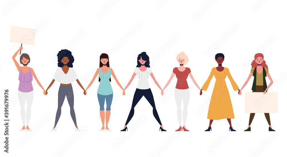 girl power, group women characters holding hands girl power, group women characters holding hands
