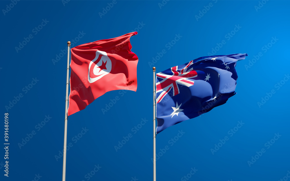 Beautiful national state flags of Tunisia and Australia. Beautiful national state flags of Tunisia and Australia.