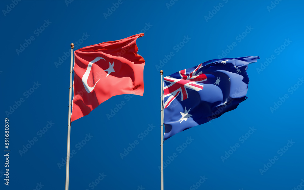 Beautiful national state flags of Turkey and Australia. Beautiful national state flags of Turkey and Australia.