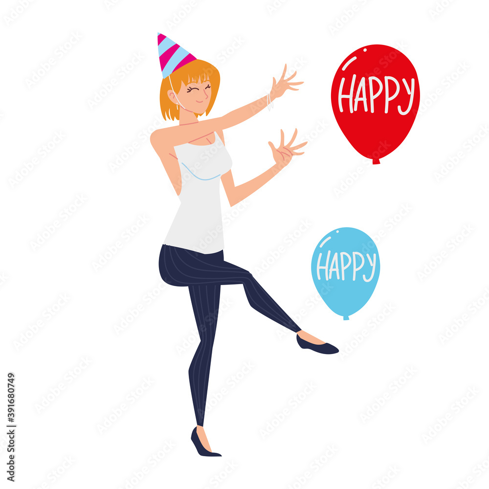 happy woman dancing with party hat and balloons