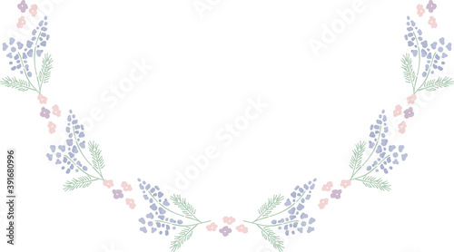 春　青い小花　半円下　フレーム　シンプル　手描き