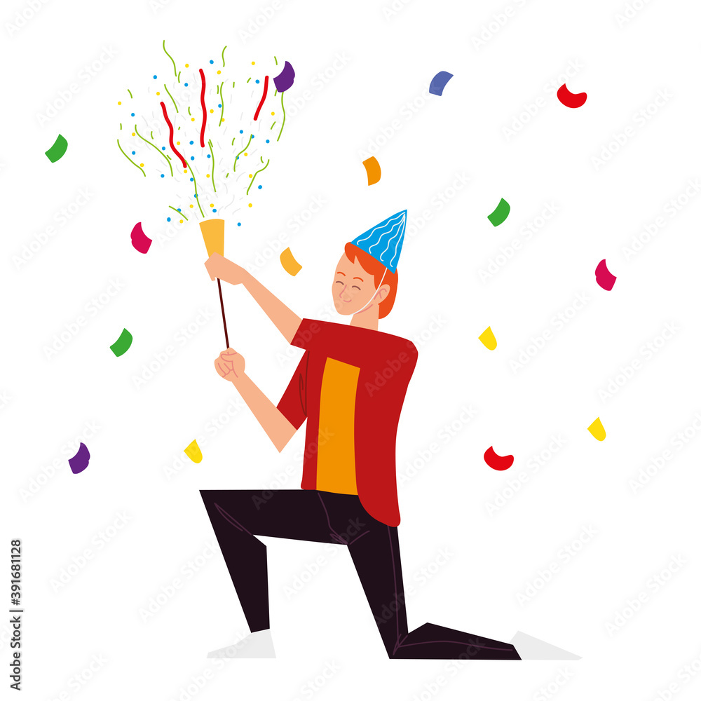 man with party hat and horn confetti celebration man with party hat and horn confetti celebration