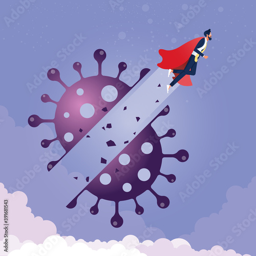 Businessman Fly Breakthrough Coronavirus virus, Businessman Move on in the Coronavirus 2019 or Covid-19 Crisis Effect Concept